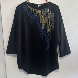 Chic Black Blouse with Gold and Blue Details